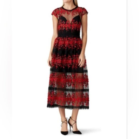 Bronx & Banco Black and Red Mesh Gloria Midi Dress Size S